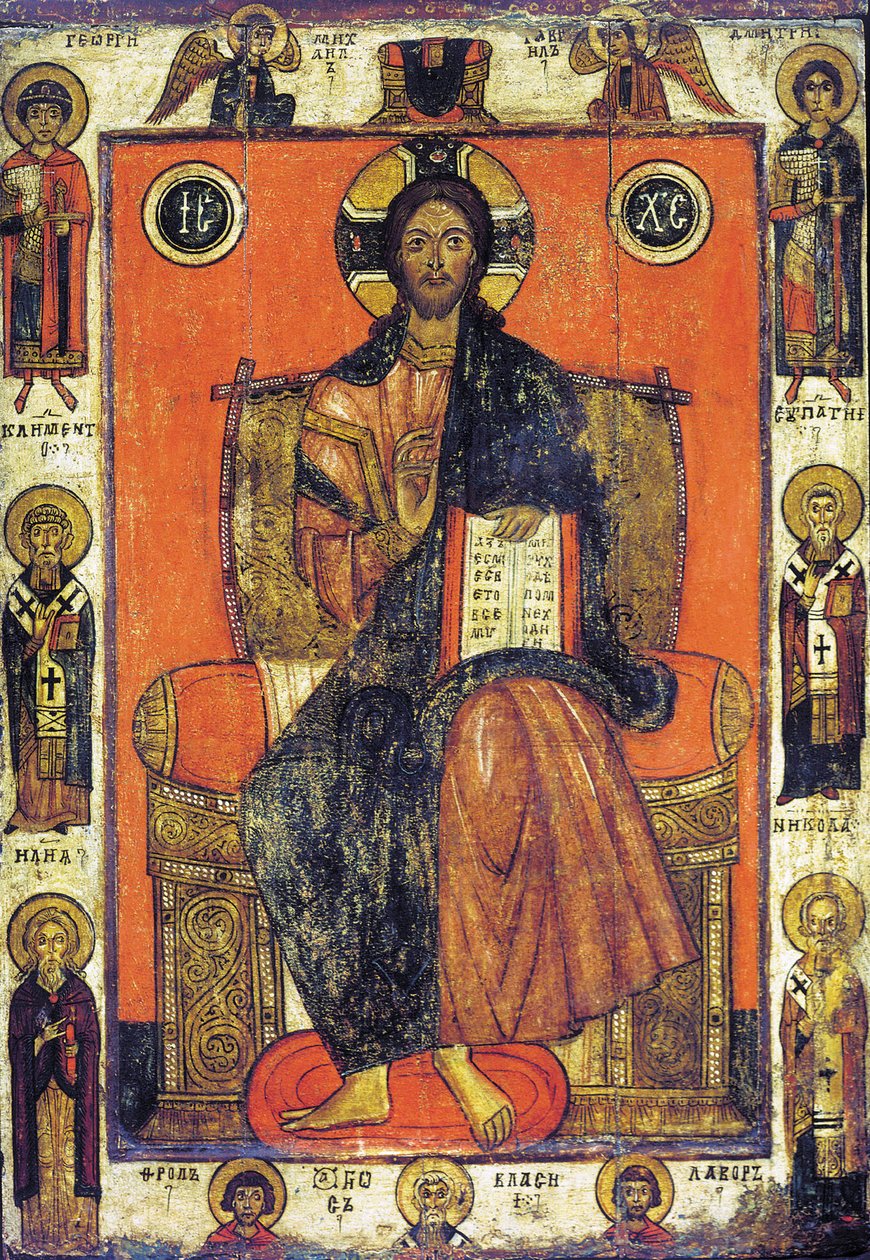 Frelseren på tronen med udvalgte hellige, slutningen af det 13. - begyndelsen af det 14. århundrede. af Russian icon.