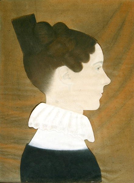 Portræt af Mary Davis Denny (pastel, kul og farvet papir collage på blåt vævet papir) af Ruth Henshaw Bascom