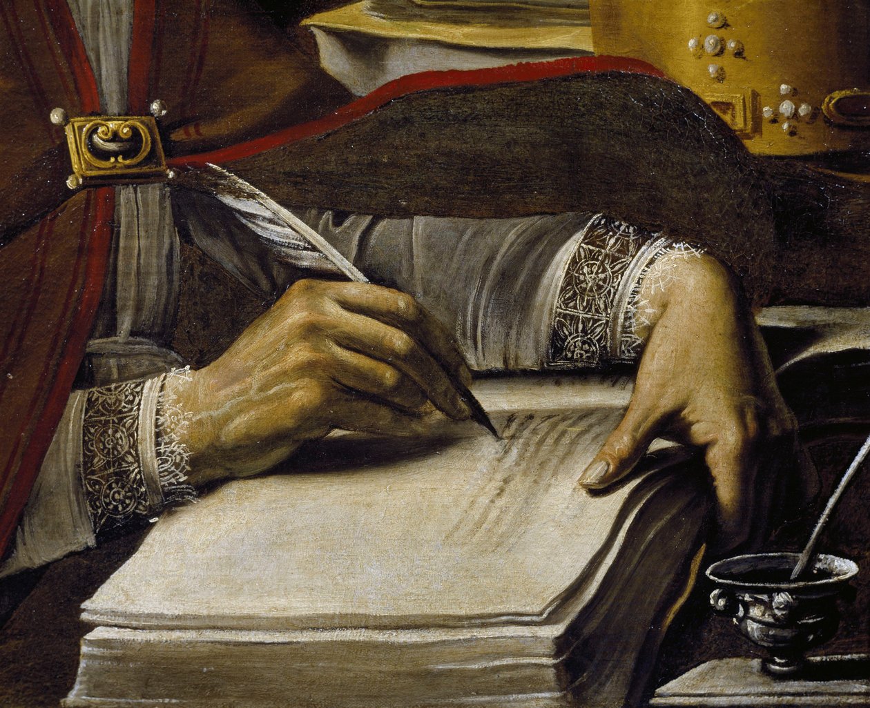 Hænder, skrift med fjerpen, detalje af Saint Ambrouse, af Rutilio Manetti (1571-1639), olie på lærred, 67x89 cm af Rutilio Manetti