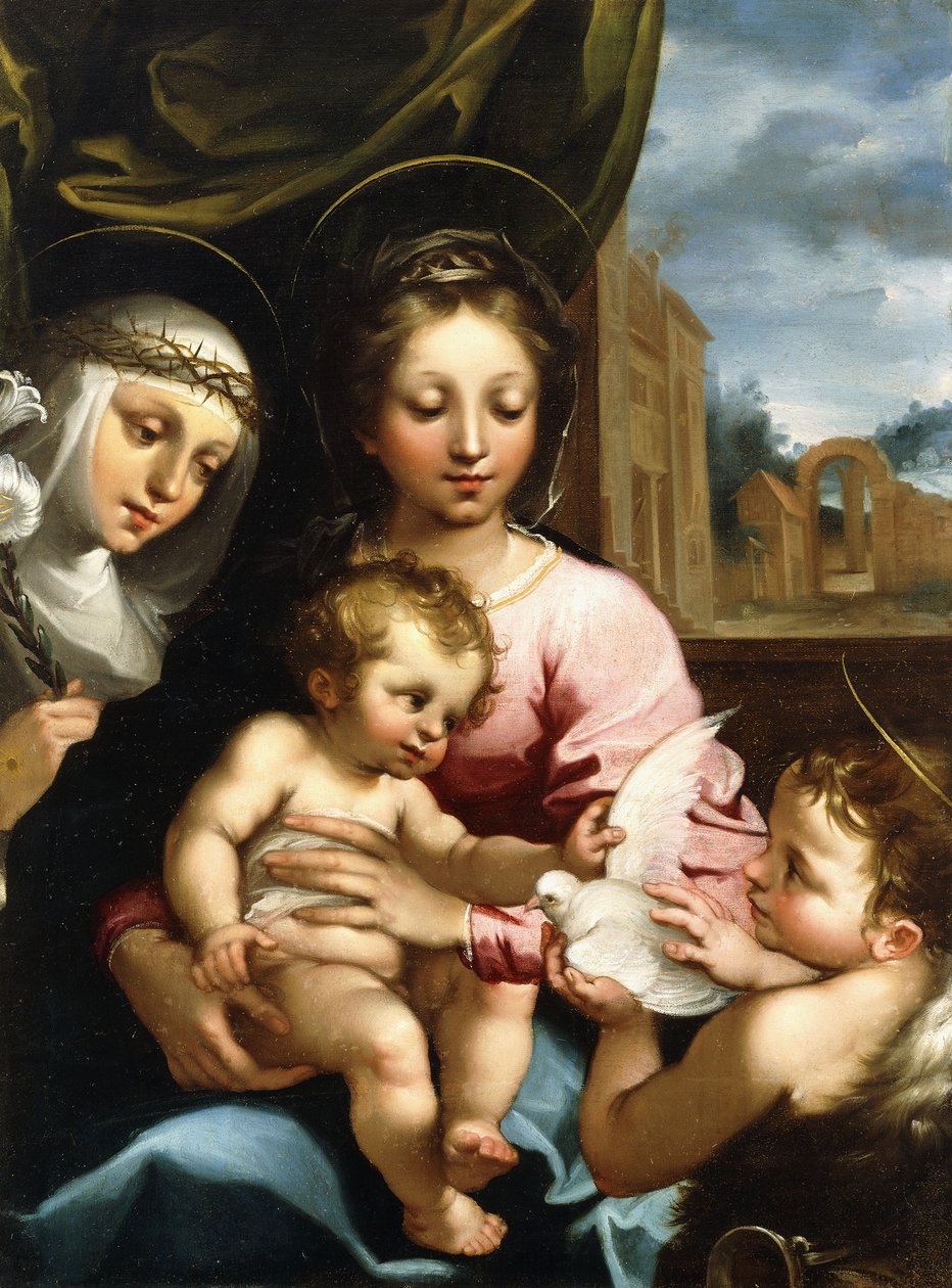 Madonnaen og barnet med spædbarnet Sankt Johannes Døberen og Sankt Katarina af Siena, ca. 1597-1612 af Rutilio Manetti