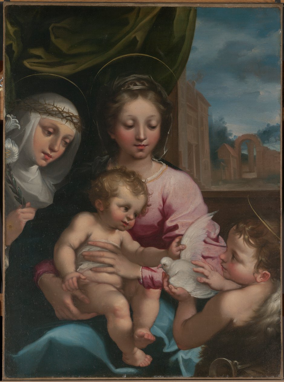 Jomfru og barn med den unge Sankt Johannes Døberen og Sankt Katarina af Siena af Rutilio Manetti