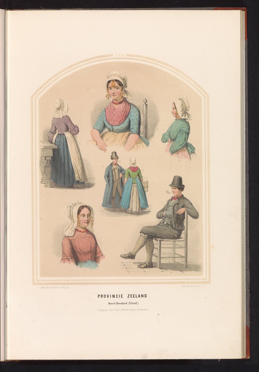 Traditionelt dragt af Noord-Beveland i Zeeland, 1857 Zeeland provinsen. Noord Beveland (ø) / XVIII (titel på objekt) af Ruurt de Vries