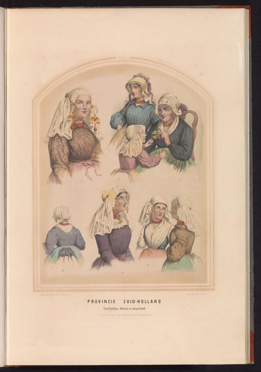 Traditionelt kostume af Overflakkee, Voorne og Oud-Beijerland i Sydholland, 1857 Provinsen Sydholland Overflakkee Voorne og Beijerland / XVI (titel på objekt) af Ruurt de Vries