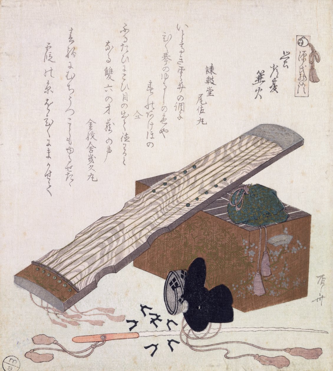 Stilleben med en Koto, ca. 1810 (træblok i farver) af Ryuryukyo Shinsai