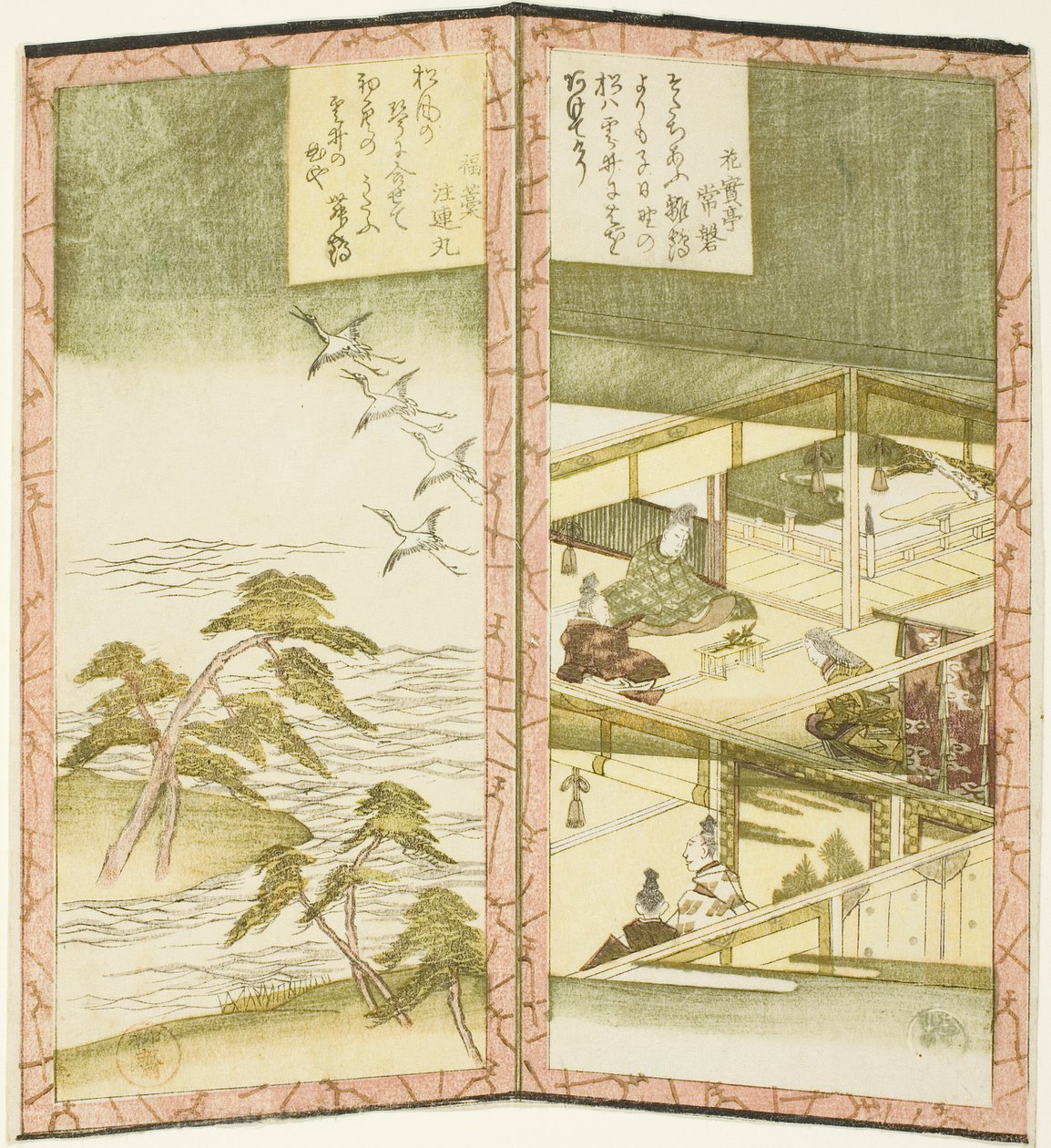 Paladsinteriør og strand, fra en hexaptykon uden navn, der forestiller et par foldeskærme af Ryuryukyo Shinsai