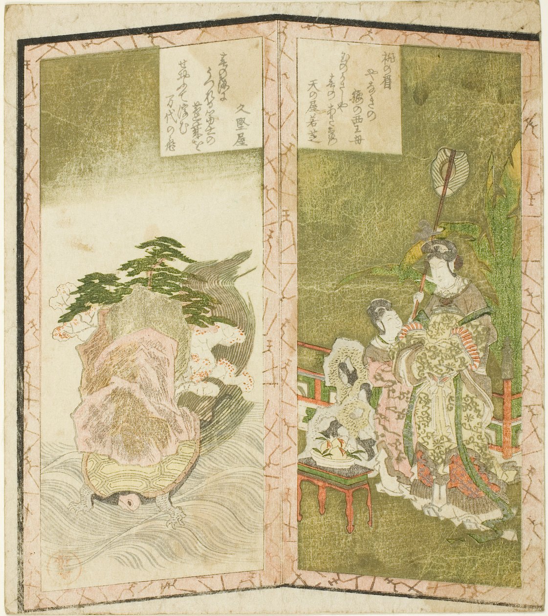 Seiobo (Vestens Dronning Moder) og skildpadde fra en hexatykon uden navn, der viser et par foldeskærme af Ryuryukyo Shinsai