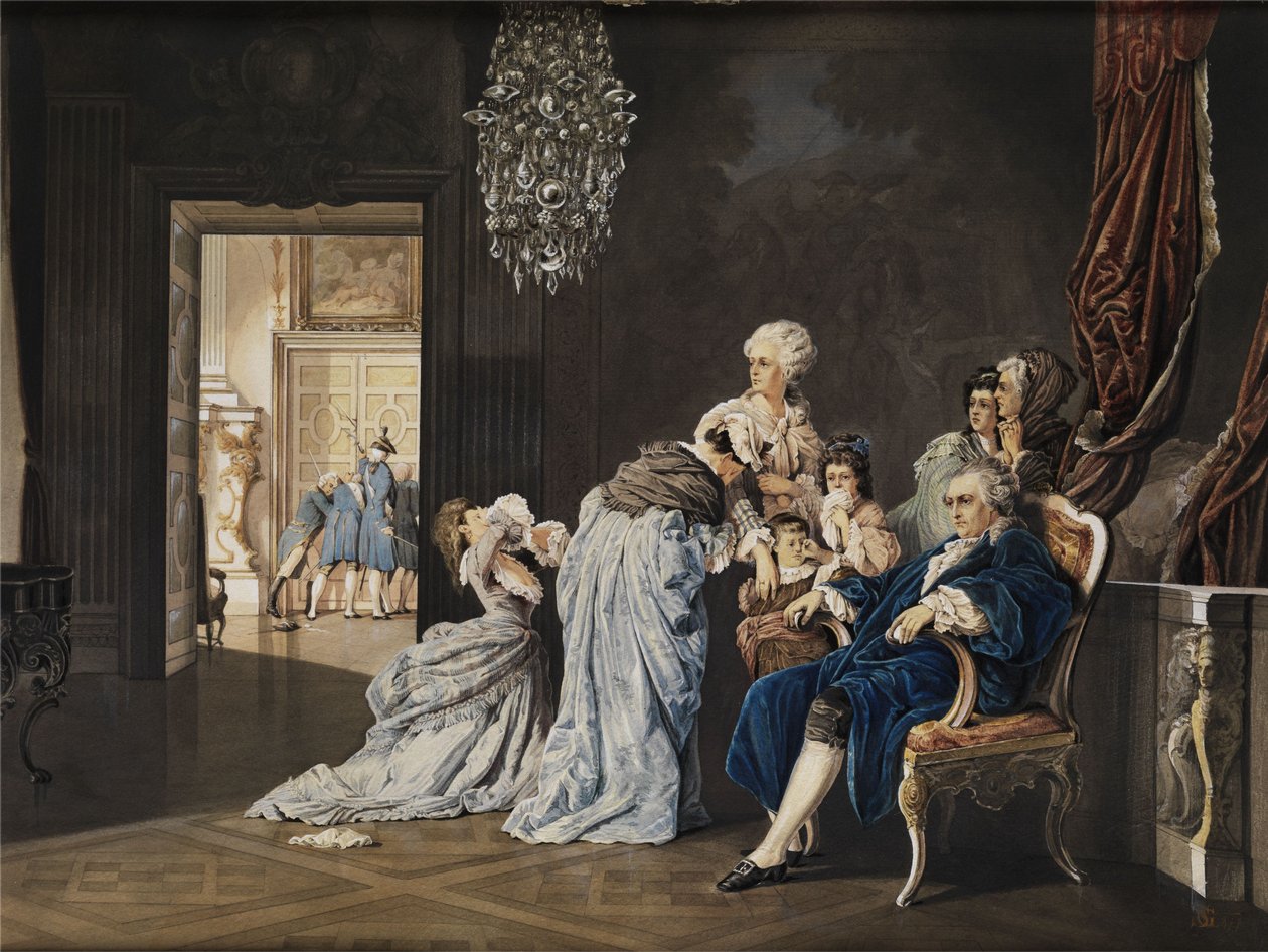 De sidste timer af den franske kongefamilie (Louis XVI og Marie Antoinette) i Louvre, før de revolutionære brød ind. Akvarel maleri/gouache på pap. 38x51 cm. Monogram "SG" og dateret "1877" nederst til højre af „SG“