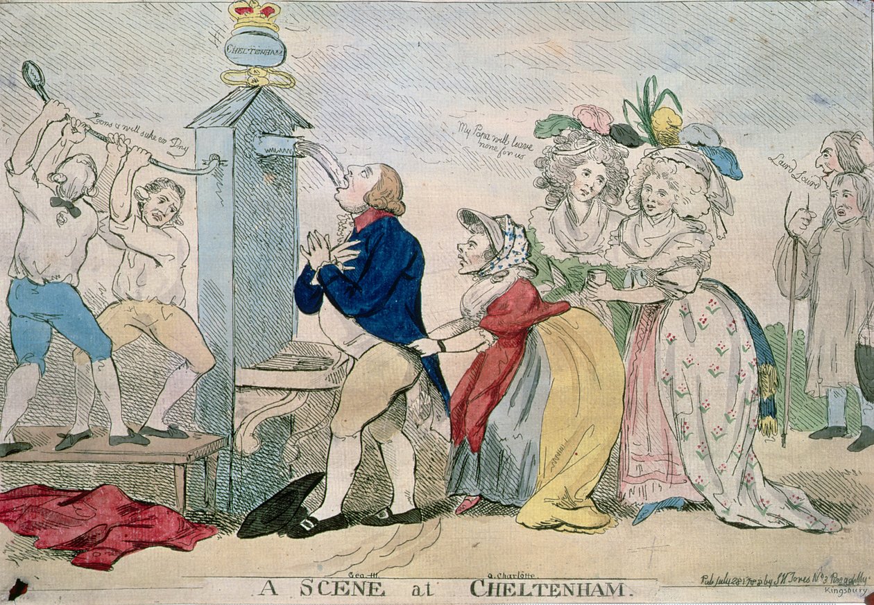 En scene i Cheltenham. Satirisk tegneserie, pub. 1788 af S.W. Fores