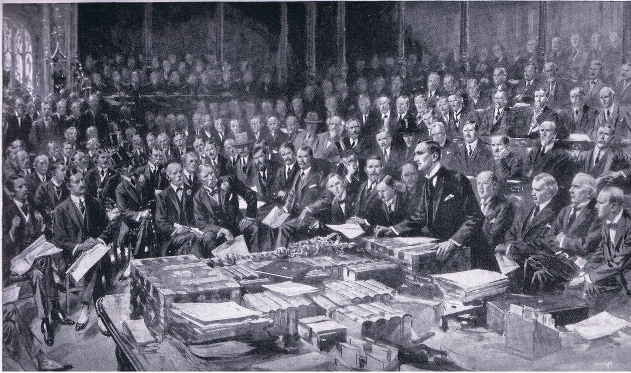 En af de mest betydningsfulde begivenheder i parlamentets historie 3. august 1914, fra Cassells History of the British People udgivet af Waverley Book Company Limited, ca. 1940 af S. Begg