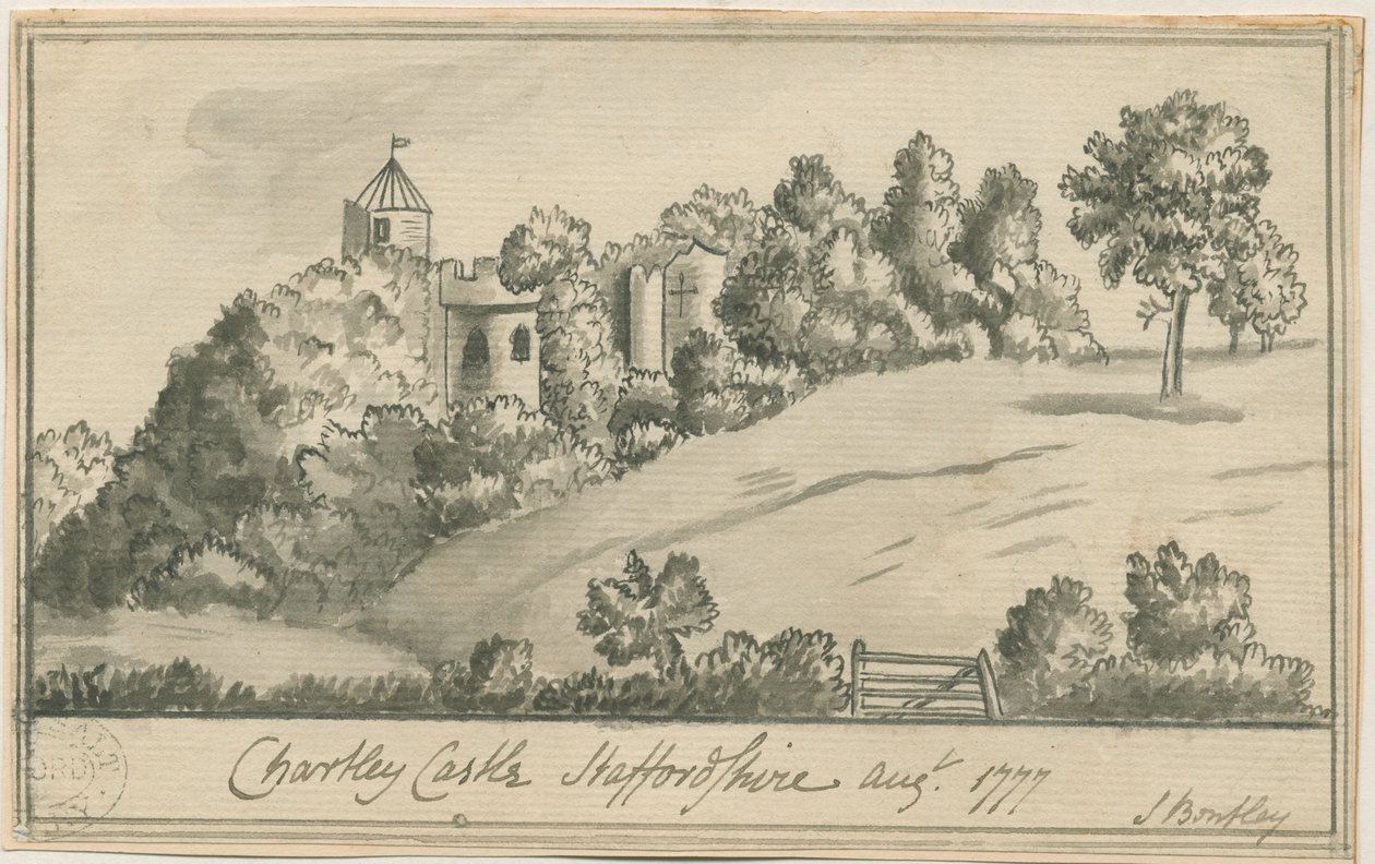 Chartley Castle: sepia-tegning, august 1777 af S Bentley