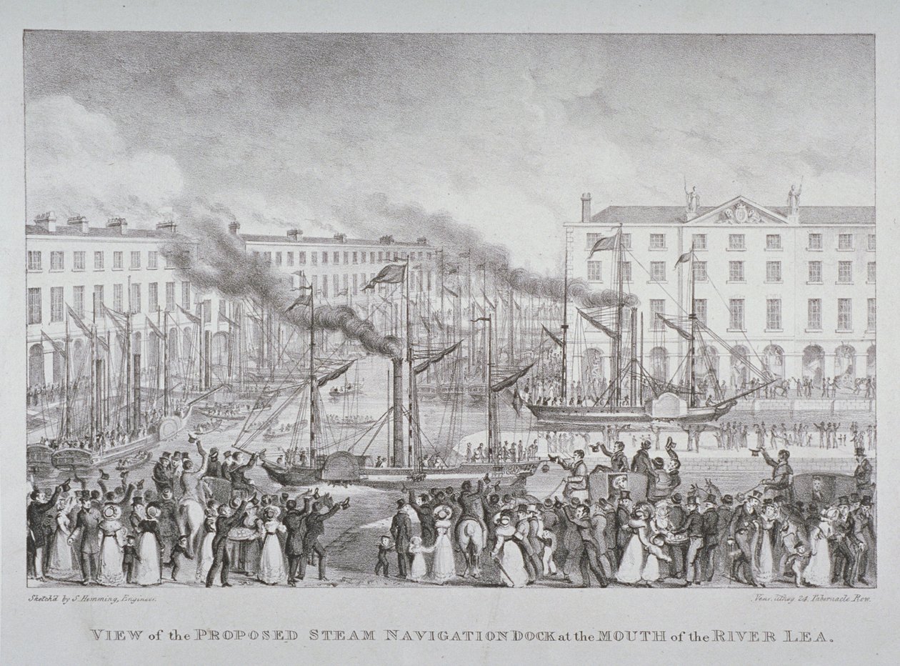 Udsigt over den foreslåede dampnavigationsdok ved mundingen af floden Lea, ca. 1835 af S. Hemming
