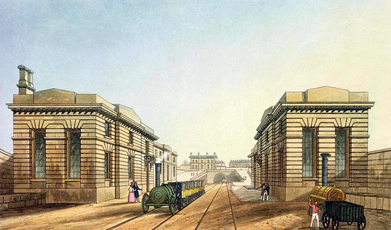 Edge Hill Station, tunnelens ende, fra "Liverpool and Manchester Railway", graveret af John Harris, udgivet af Ackermann und Co. i 1836. af S. Kelper