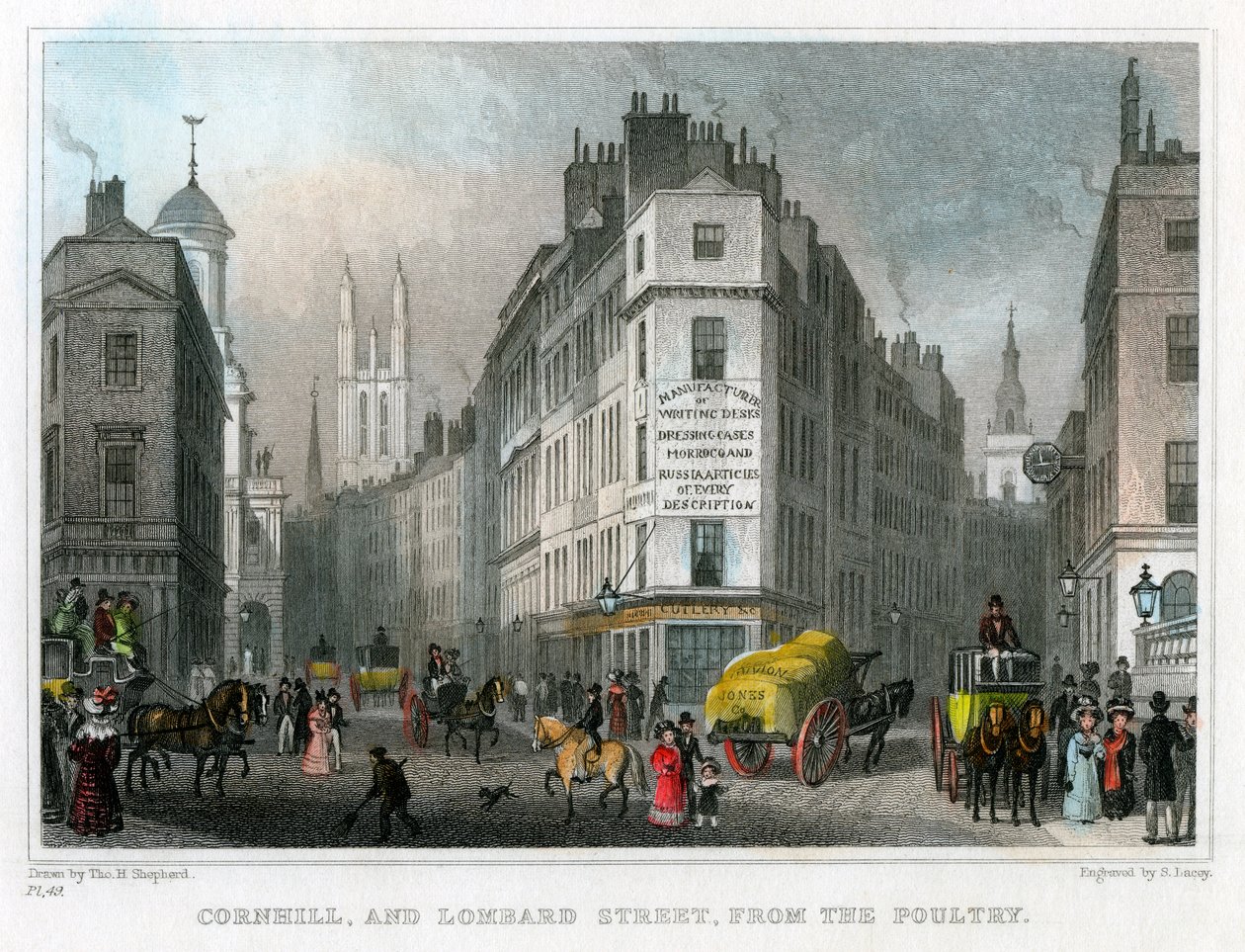 Cornhill og Lombard Street fra Poultry, City of London, 1830. af S. Lacey