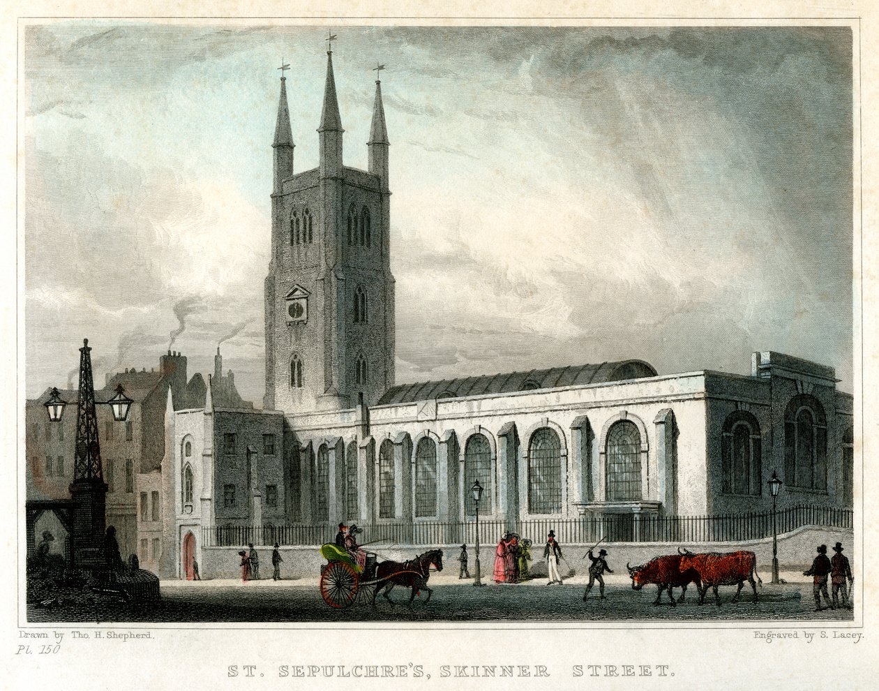 St Sepulchres Church, Skinner Street, City of London, c1830. af S. Lacey