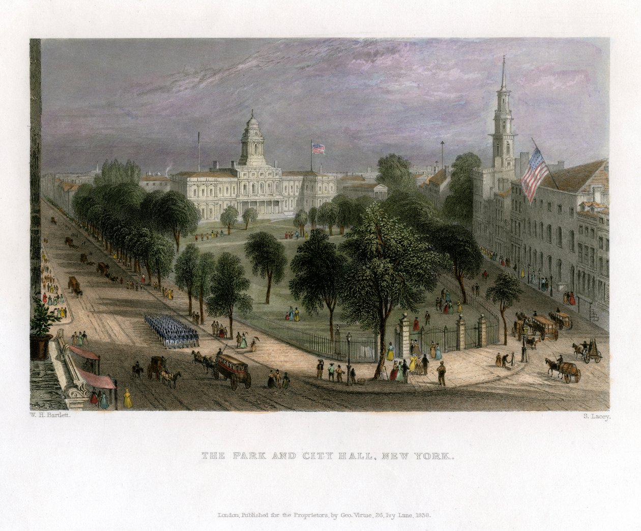 Parken og rådhuset, New York, USA, 1838. af S. Lacey