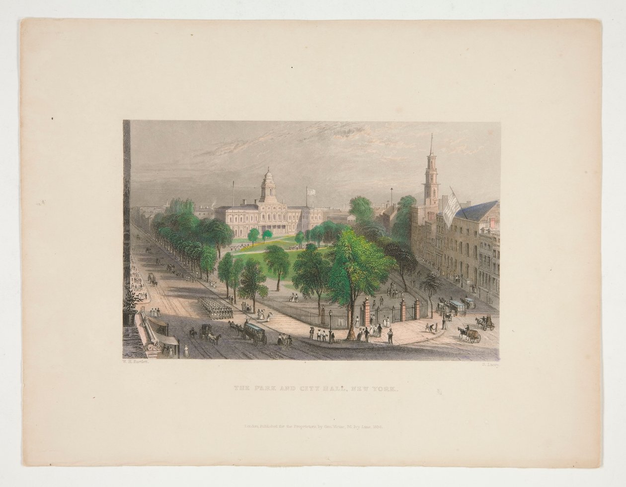 The Park and City Hall, New York, illustration til Nathaniel Parker Willis af S. Lacey