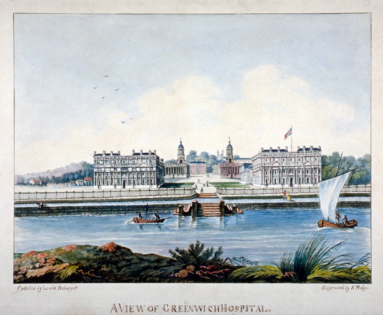 Udsigt over Greenwich Hospital fra Isle of Dogs, London, c1800 af S Malgo