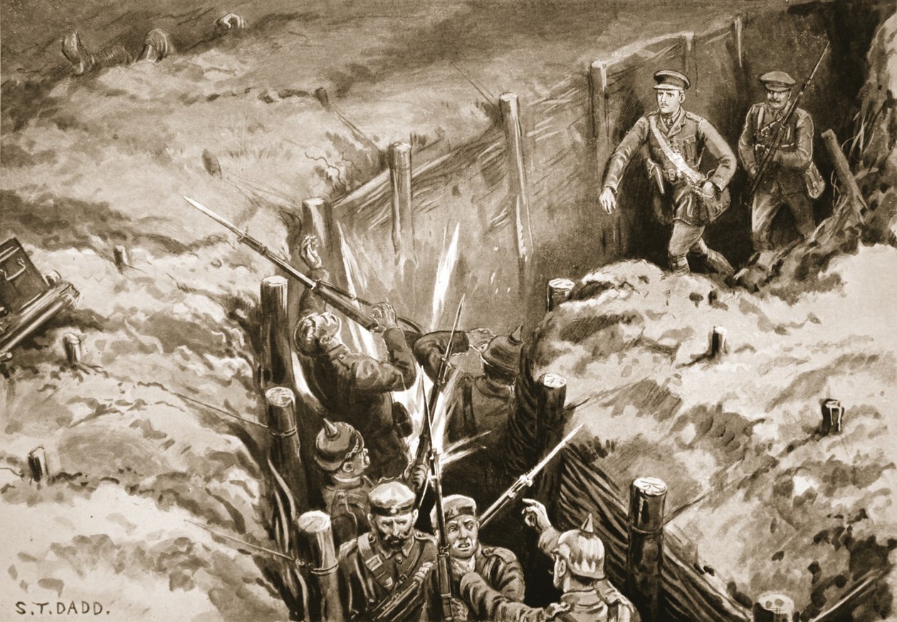 Sekondløjtnant Turner leder et bombeangreb ned i en tysk kommunikationsgrav (litho) af S. T. Dadd