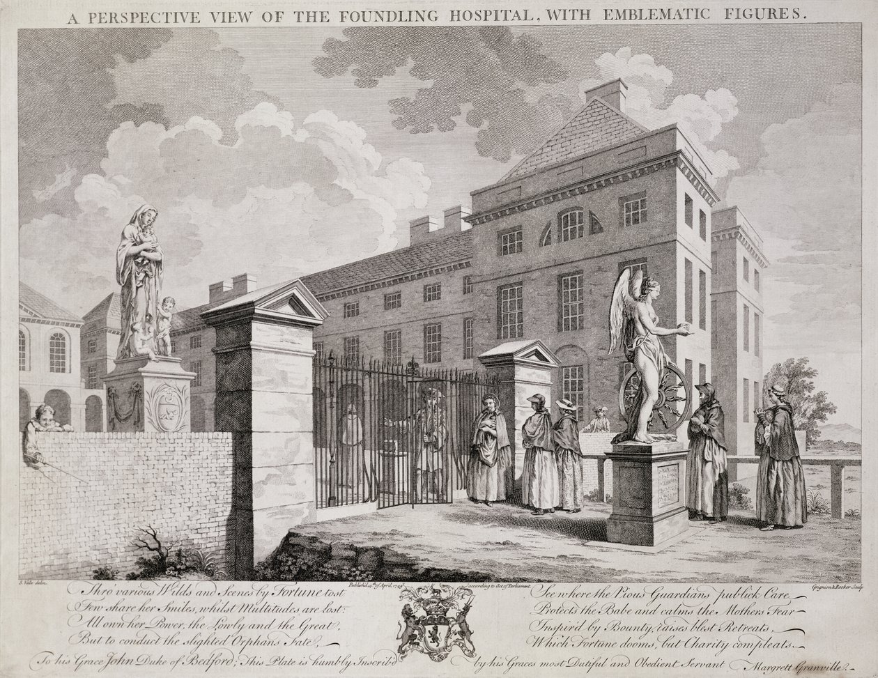 Perspektivisk billede af hoftehospitalet med emblematiske figurer, 1749 af S. Vale