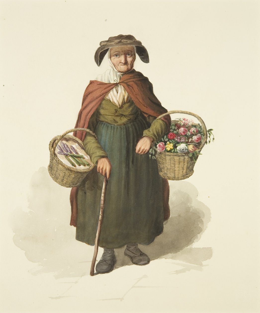 Old Kingswood Flower Seller, ca. 1828 (blyant og akvarel på papir) af S. or D. A. Peters