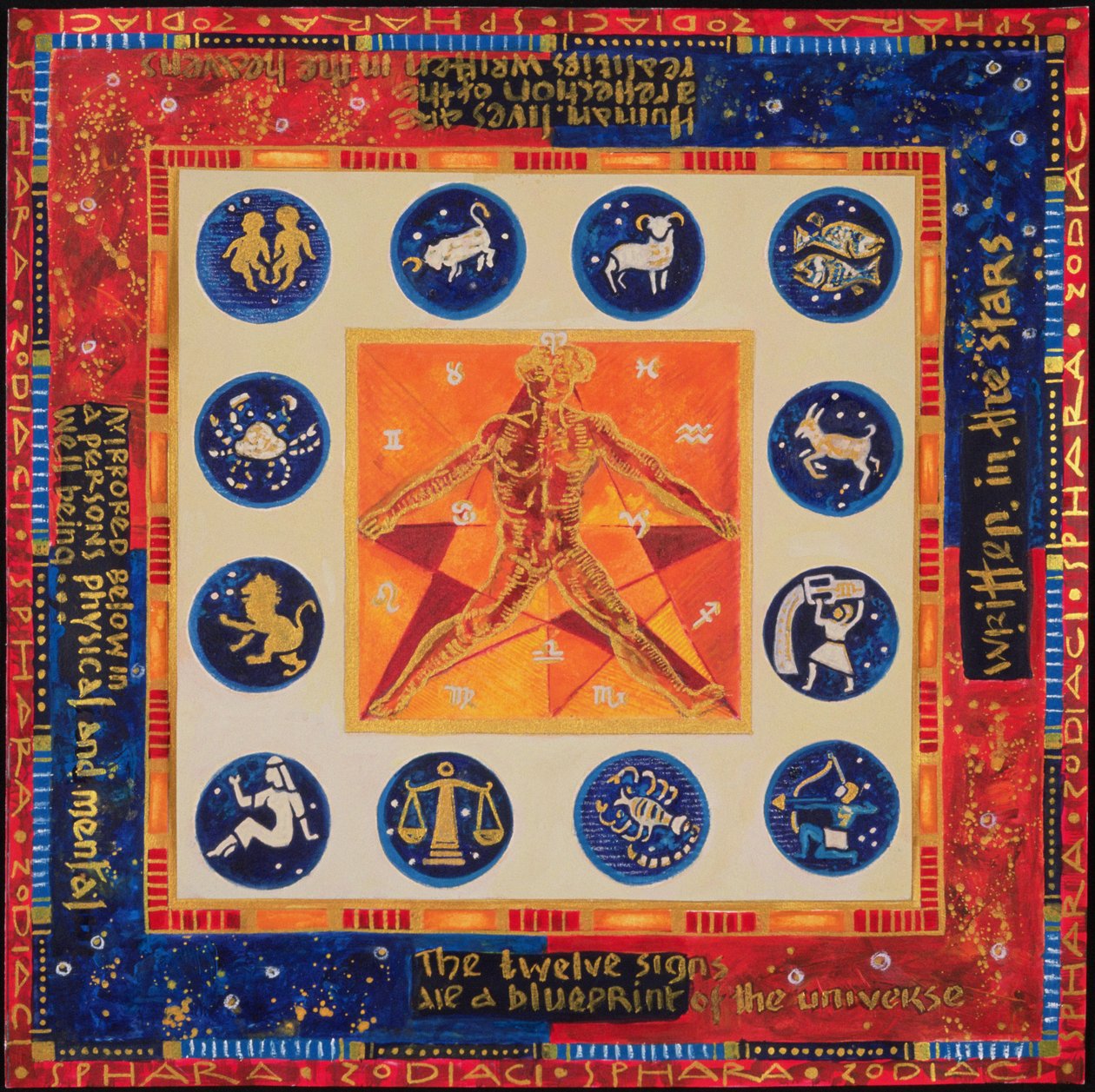 Astrologi, 1999 (akryl og gouache på papir) af Sabira Manek