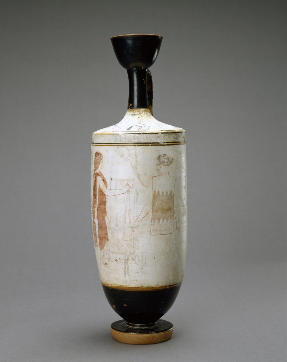 White Ground Lekythos med ung kvinde ved en grav, 450-440 f.Kr. (terracotta med hvid bund) af Sabouroff Painter (attr. to)