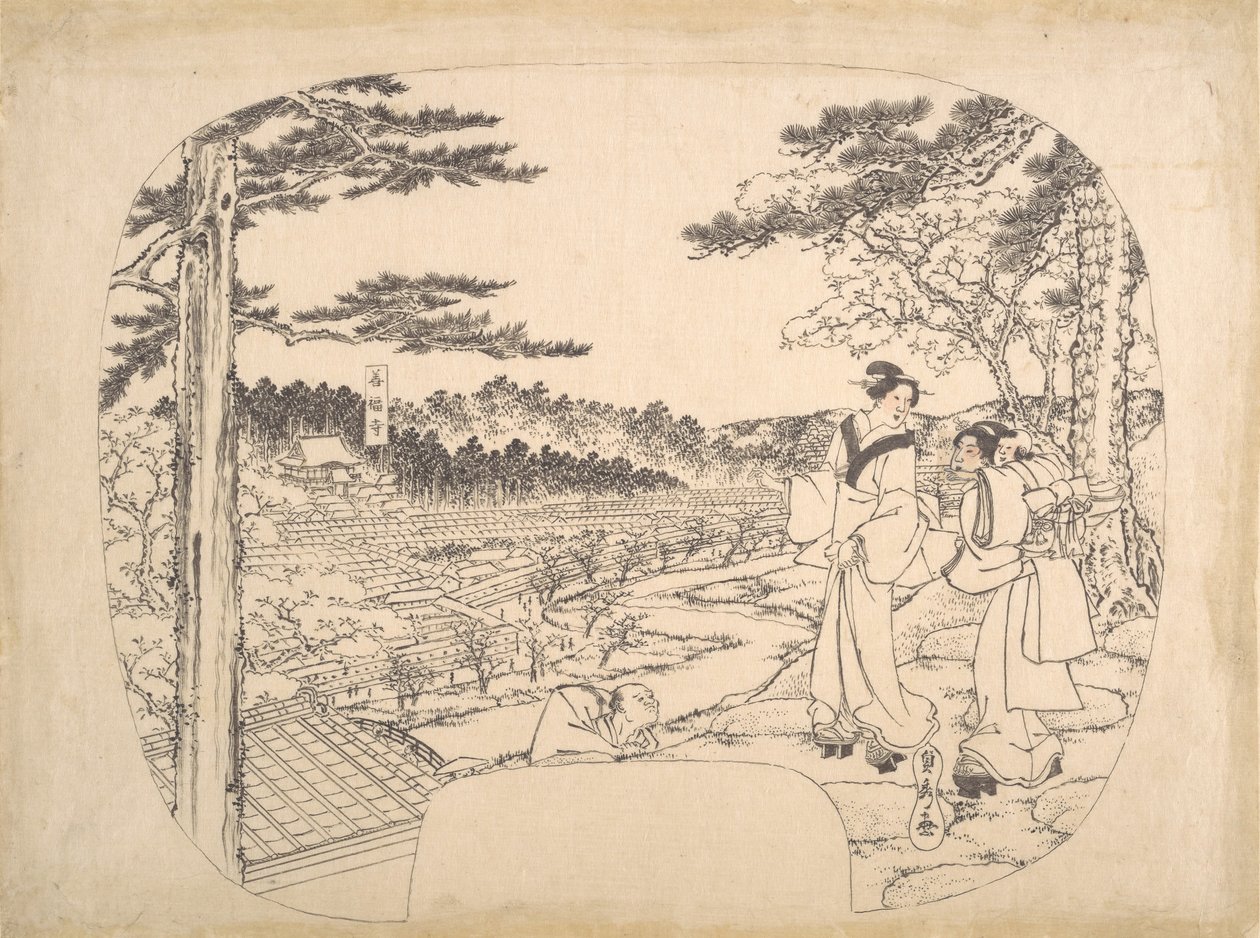 To kvinder, der beundrer seværdighederne fra et udsigtspunkt... Zenpukuji-templet, 1800-tallet. af Sadahide Utagawa