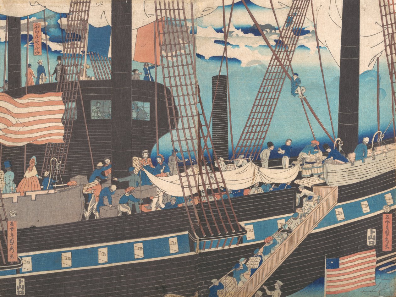 "Yokohama Trade: Westerners Loading Cargo", 4. måned, 1861. af Sadahide Utagawa