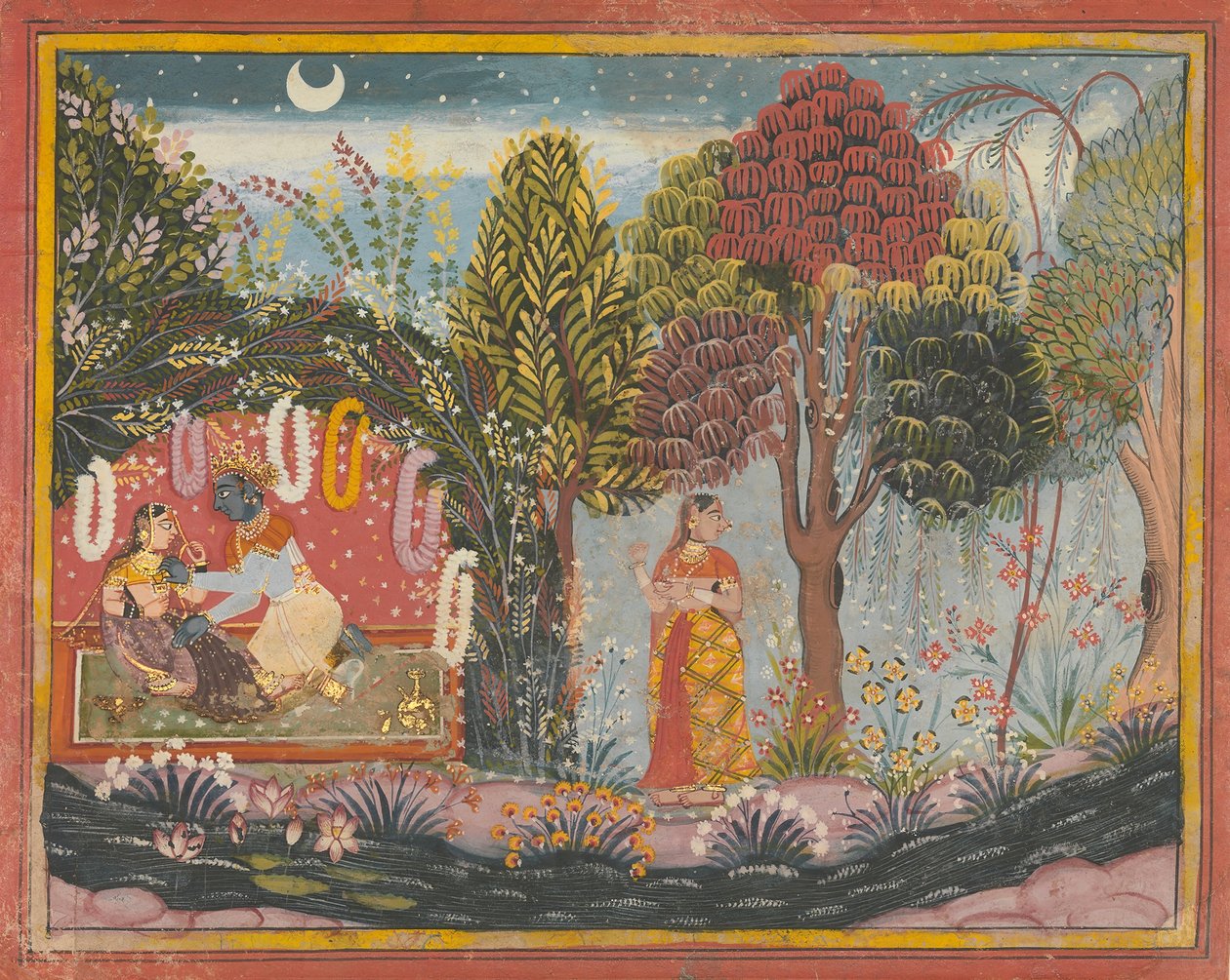 Krishna og Radha i en Bower: Side fra en spredt Gita Govinda, ca. 1665. af Sahibdin