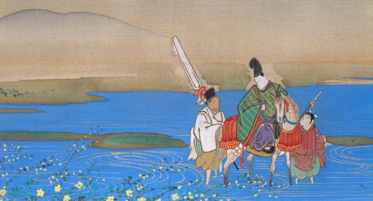 Mandlig hofmand på hesteryg krydser floden, ca. 1839 af Sakai Oho