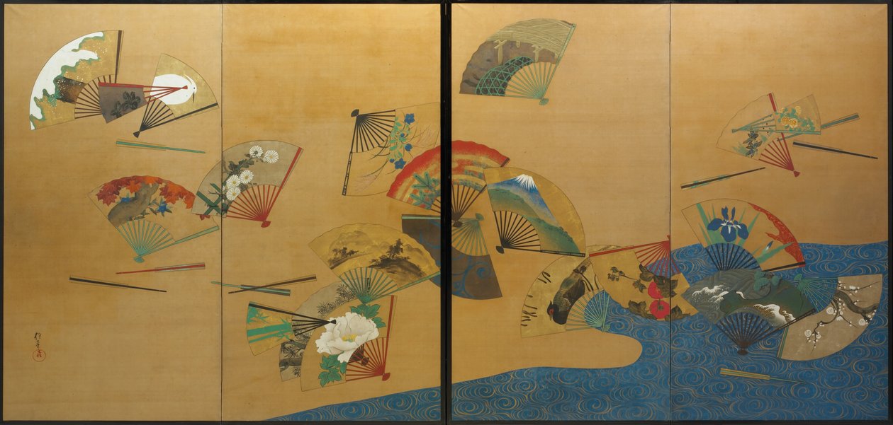 Fans and Stream, Edo-perioden, ca. 1820-28 (blæk, farve, guld og sølv på silke) af Sakai Hoitsu
