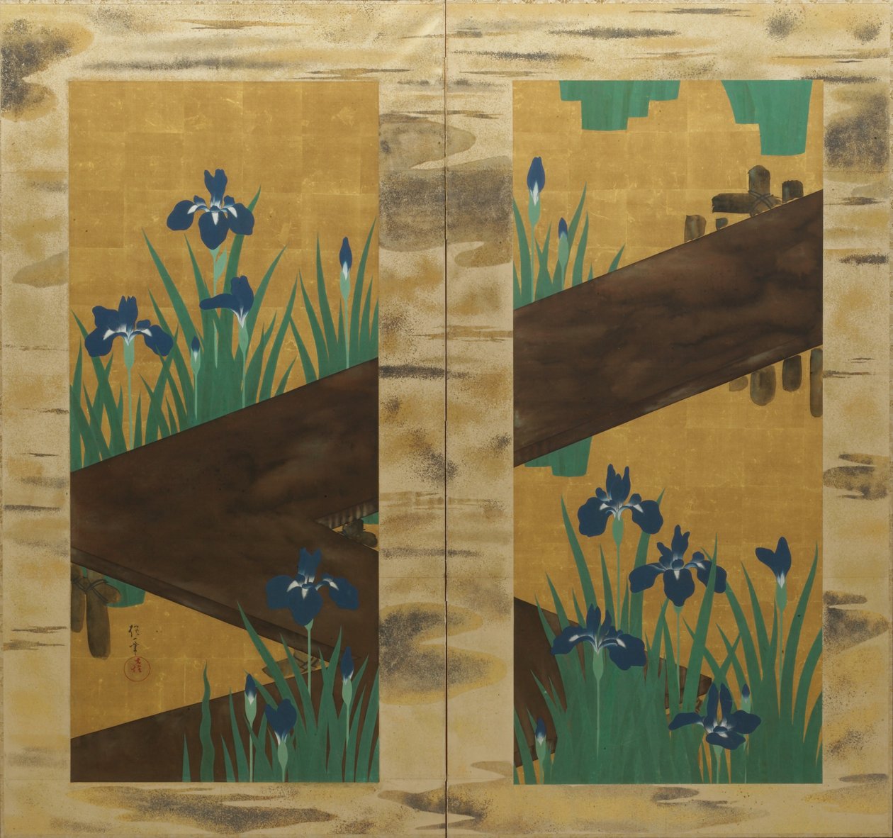 Iriser og den ottedelte bro, foldeskærm med to paneler, ca. 1820 (blæk, farve og bladguld på silke) af Sakai Hoitsu