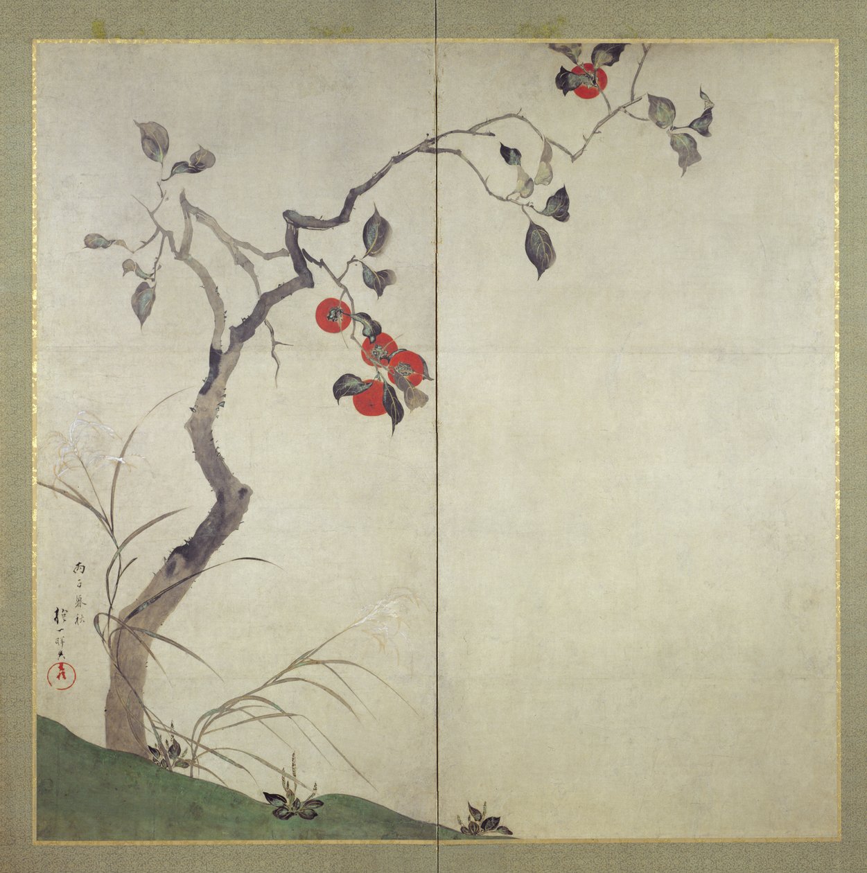 Persimmon on Tree (blæk, farver og guld på papir) af Sakai Hoitsu