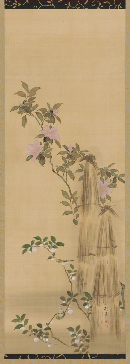 Lyserøde og hvide blomster og stråbelægninger, Edo-perioden, 1761-1828. af Sakai Hoitsu