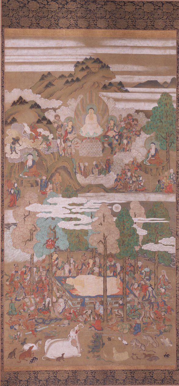 Sakyamuni Buddhas død (blæk, farve og guld på silke) af Sakon Sadatsuna