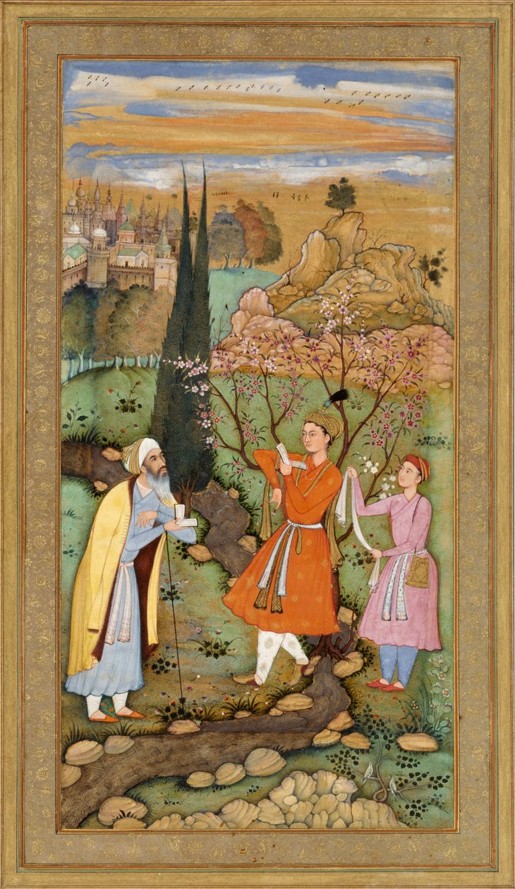 Blad fra Muraqqa Gulshan- Digteren og prinsen (recto) Kalligrafi (verso) af Salim Quli