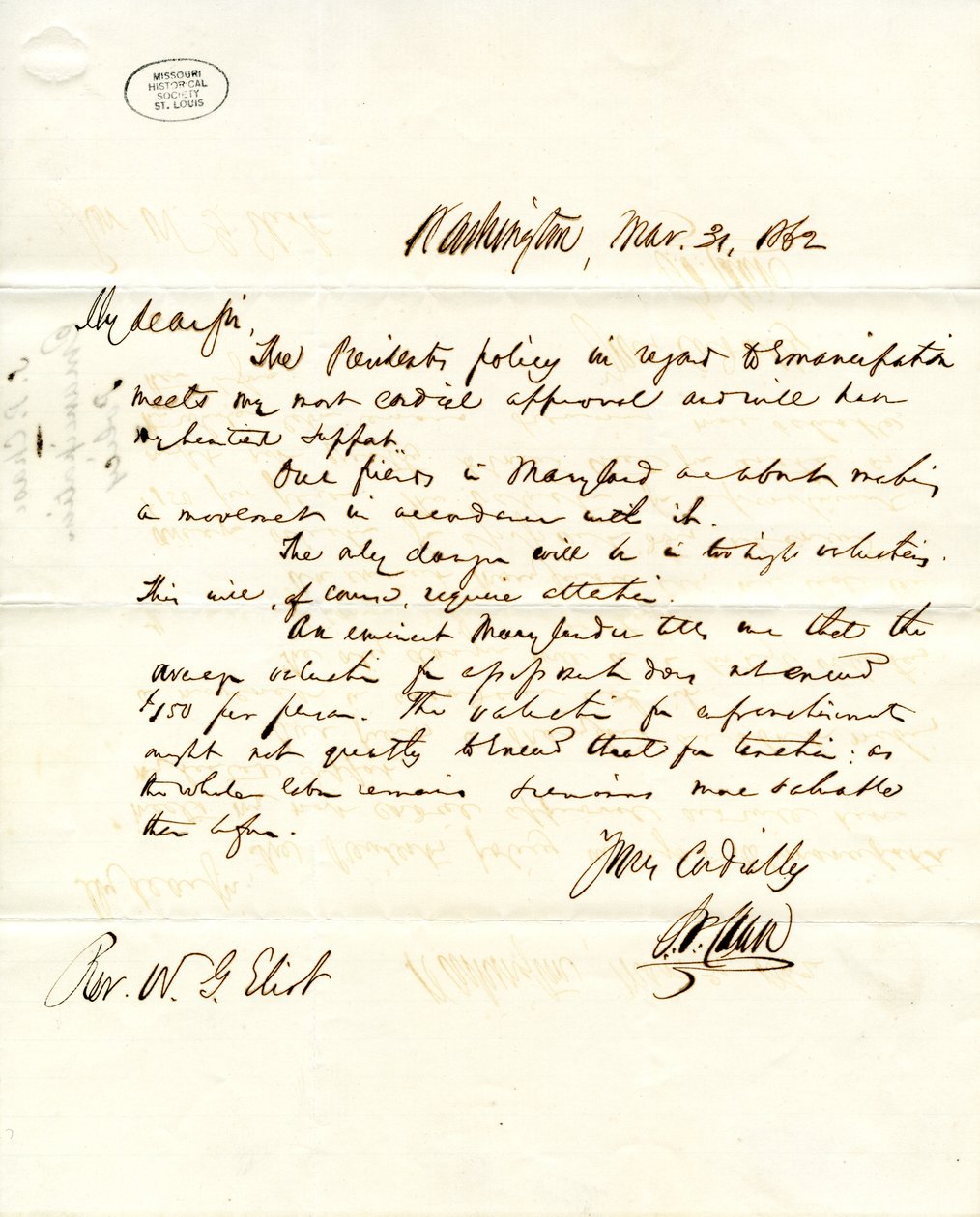 Brev underskrevet S.P. Chase, Washington, til W.G. Eliot, 31. marts 1862 af Salmon P. Chase