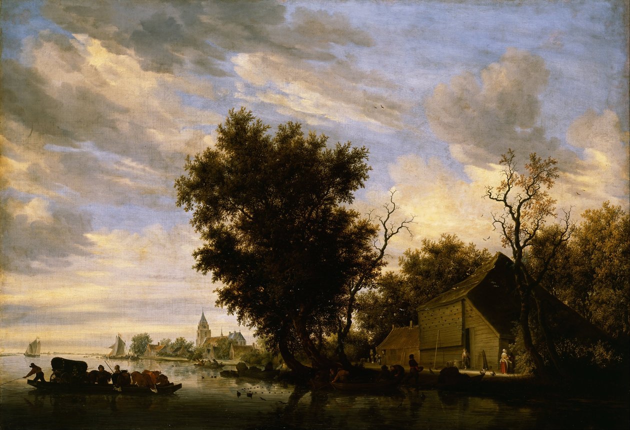 Flodscene med færgebåd af Salomon van Ruisdael or Ruysdael