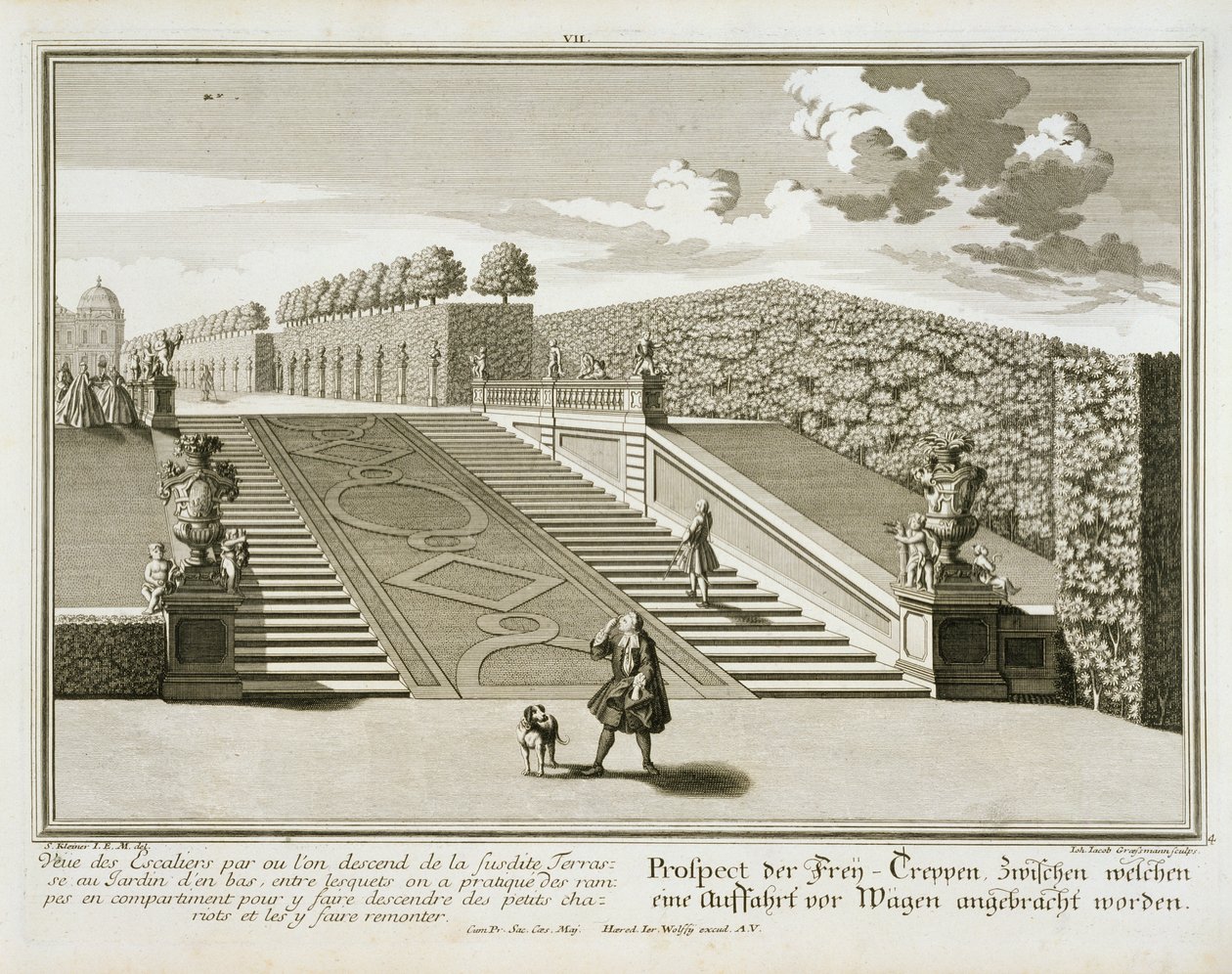 Trappen til haverterrassen, Belvedere Palace, Wien, graveret af Johann Jacob Grossmann, udgivet ca. 1730-40 af Salomon Kleiner
