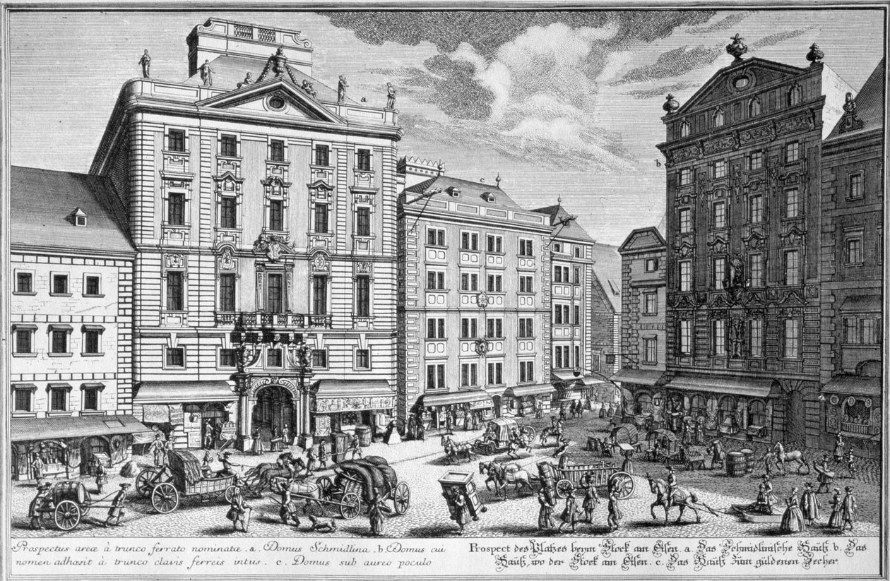 Udsigt over Stock-im-Eisen-Platz, Wien indgraveret af Karl Remshard (1678-1735) af Salomon Kleiner