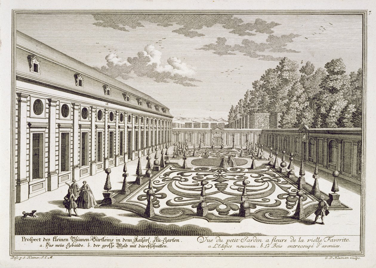 Udsigt over en blomsterhave nær Wien, fra "Vorstellung folgender Lustgarten ausser der Residenz-Stadt Wienn, graveret af Georg Daniel Heumann (1691-1759), udgivet ca. 1724-37 af Salomon Kleiner