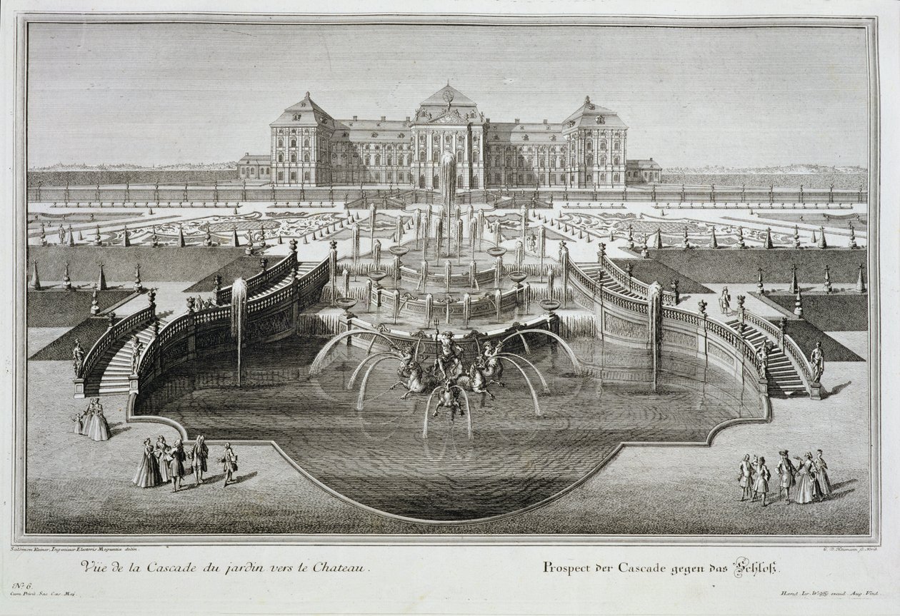 Weissenstein, udsigt mod slottet fra den barokke kaskade, indgraveret af Georg-Daniel Heumann (1691-1759), udgivet 1728 af Salomon Kleiner