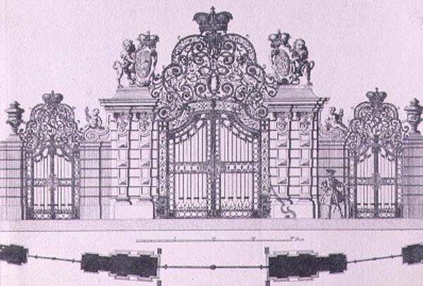 Plan og forhøjning af indgangsportene til Schloss Belvedere i Wien formentlig designet af Johann George Oegg ca. 1725, indgraveret af Johann August Corvinus (1683-1738) af Salomon after Kleiner