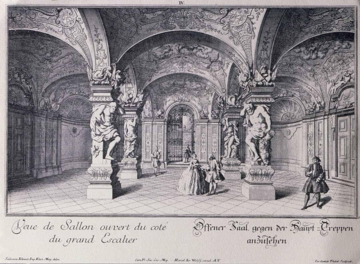 Hallen (Sala Terrena) i Upper Belvedere i Wien påbegyndt i 1721 af Johann Lukas von Hildebrandt, indgraveret af Thelot af Salomon after Kleiner