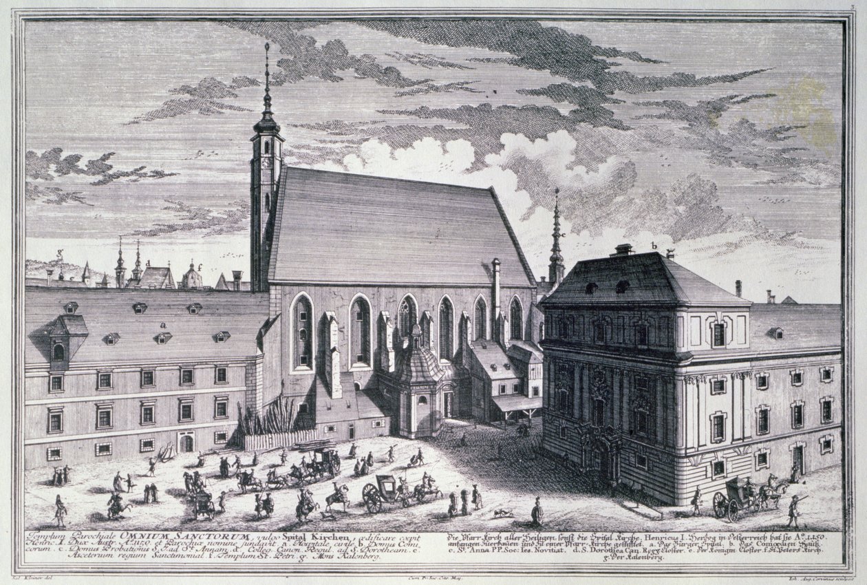 Udsigt over All Saints Church, Wien indgraveret af Johann-August Corvinus (1683-1738) af Salomon after Kleiner