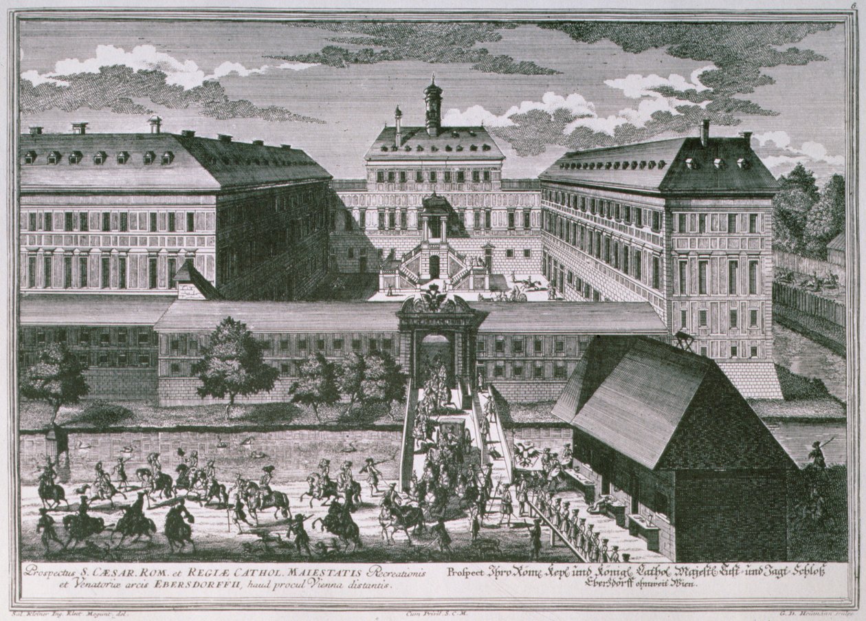 Udsigt over Schloss Ebersdorff nær Wien indgraveret af Georg-Daniel Heumann (1691-1759) af Salomon after Kleiner