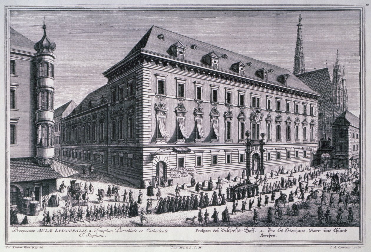 Udsigt over et begravelsesoptog med St. Stephens-katedralen i baggrunden indgraveret af Johann-August Corvinus (1683-1738) af Salomon after Kleiner