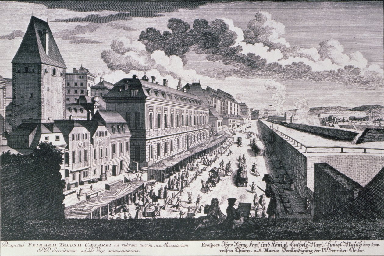Udsigt over en gade i Wien indgraveret af Johann-August Corvinus (1683-1738) af Salomon after Kleiner