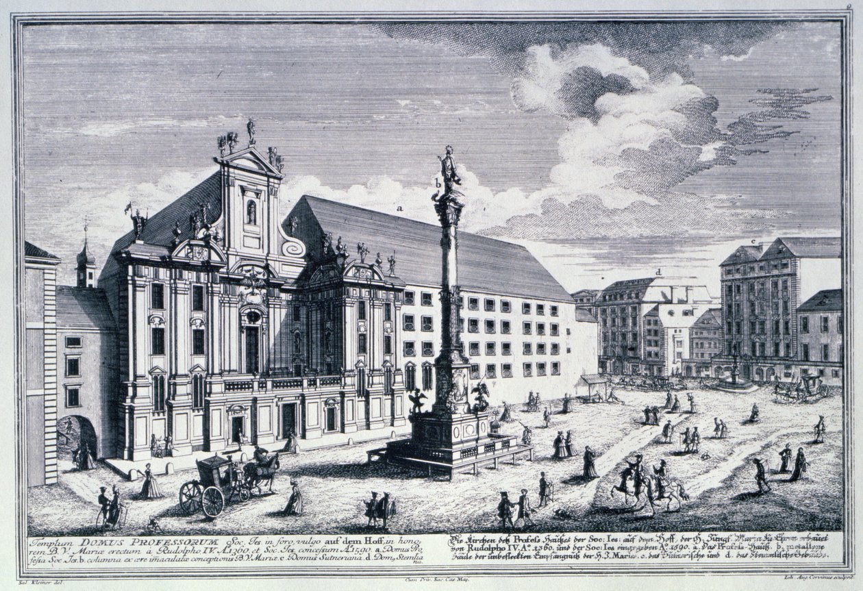 Udsigt over Am Hof-pladsen, der viser Mariensaule eller Vor Frue Søjle indgraveret af Johann-August Corvinus (1683-1738) af Salomon after Kleiner