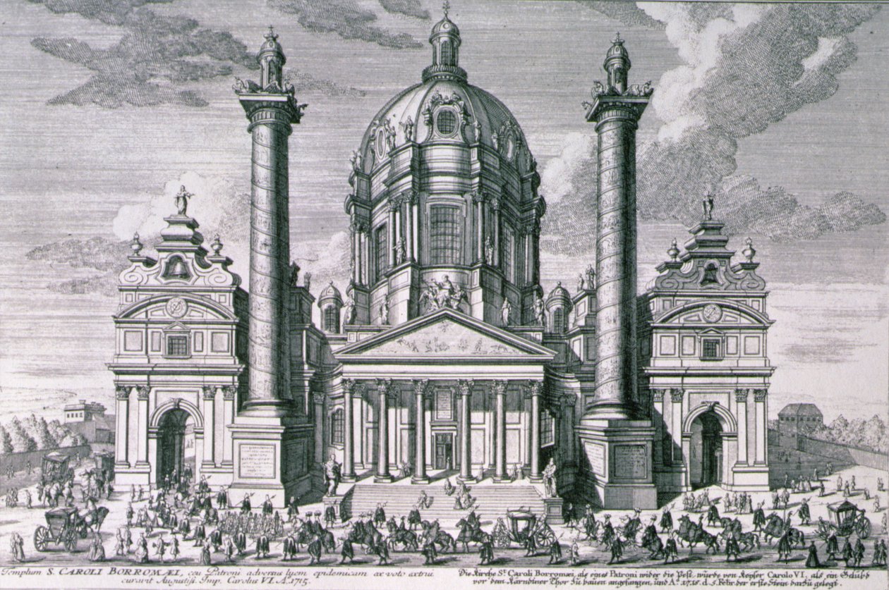 Udsigt over Karlskirche, Wien indgraveret af Hieronymous Sperling (1695-1777) af Salomon after Kleiner
